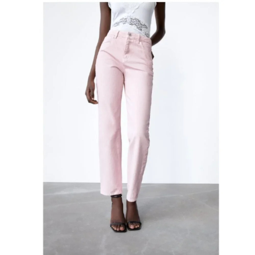Zara Womens 6 High Rise Light Pink Straight Leg Jeans
